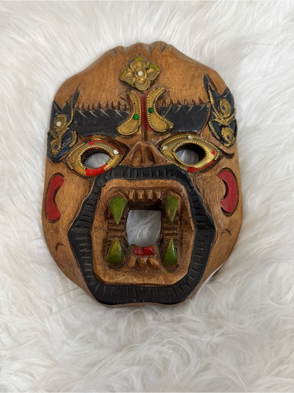 Vintage Hand Carved Wood Tribal Mask Wall Hanging, w/ Jewelry and painted design
